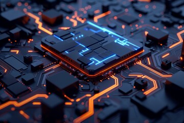 a circuit board with orange and blue glowing lines and numbers floating above it.