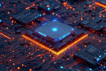 a circuit board with orange and blue glowing lines and numbers floating above it.
