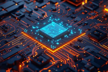 a circuit board with orange and blue glowing lines and numbers floating above it.