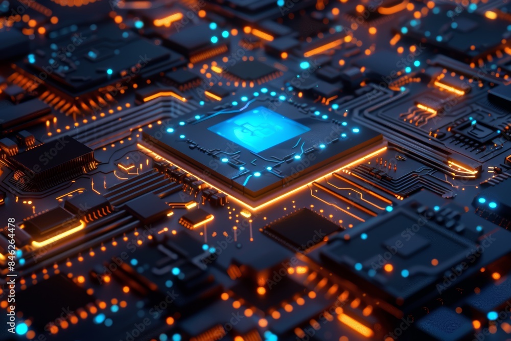 Poster a circuit board with orange and blue glowing lines and numbers floating above it.