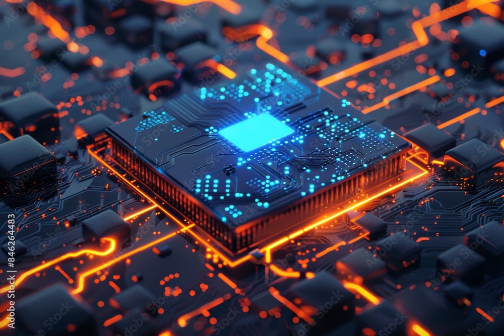 Poster a circuit board with orange and blue glowing lines and numbers floating above it.