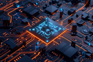 a circuit board with orange and blue glowing lines and numbers floating above it.