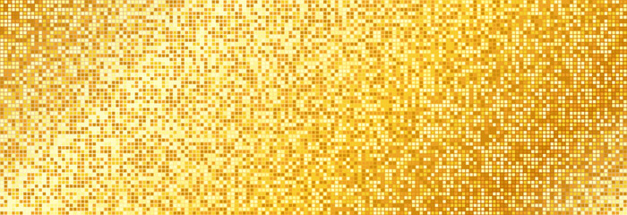 Golden disco party pattern. Yellow square sequin mosaic texture background. Abstract gold shining glitter halftone wallpaper. Pop up comic sparkling glitter backdrop. Retro vector design template