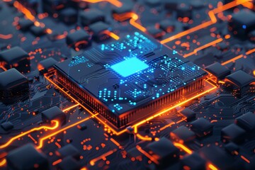 a circuit board with orange and blue glowing lines and numbers floating above it.