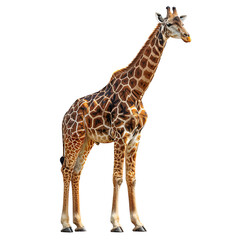 Naklejka premium A tall giraffe standing upright, showcasing its unique spotted pattern and long neck against a plain background. isolated on white background. 
