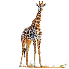 Obraz premium A majestic giraffe standing tall in the open savannah with vibrant patterns and unique spots. isolated on white background. 