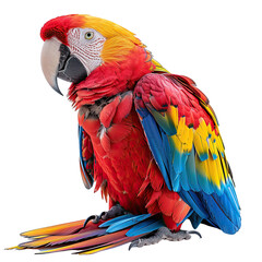 A vibrant scarlet macaw with bright red, yellow, and blue feathers perched gracefully, isolated on white background. 