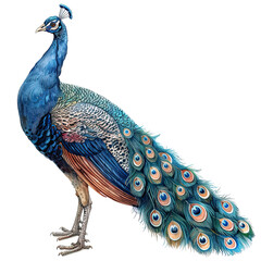 Obraz premium Beautiful peacock with vibrant blue and green feathers, showcasing its majestic plumage. isolated on white background. 