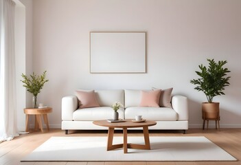 Interior living room with sofa and photo frame. 3D rendering