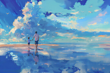 Fototapeta premium Père et enfant marchant main dans la main sur une plage au bord de l'eau, ambiance sereine et paradisiaque, ciel bleu et reflets, tonalité dominante bleue espace négatif copyspace