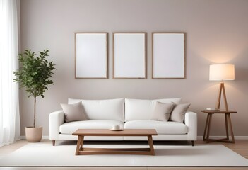 Interior living room with sofa and photo frame. 3D rendering