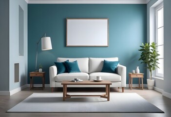 Interior living room with sofa and photo frame. 3D rendering
