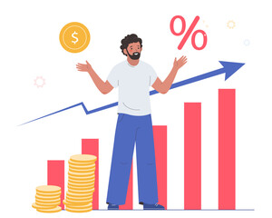Man holding coin and percentage. Good interest rate percentage, mortgage or financial credit. Bank credit concept. 