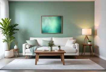 Interior living room with sofa and photo frame. 3D rendering