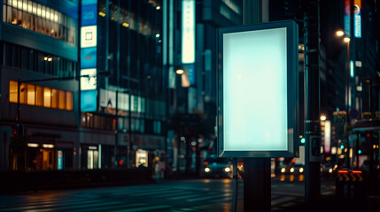 Empty Vertical space advertisement board, blank white signboard on roadside in city, Vertical blank billboard in city in night time, White signboard or lightbox on roadside for advertisement placement