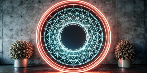 Vibrant Neon Blue Circular Geometry Against Dark Background Cutting-Edge Design