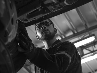 A man is working on a car, wearing a black jacket and glasses