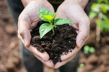 Hand holding a plant against a blurred green natural background with sunlight.