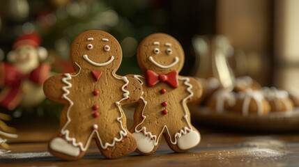 Obraz premium Two gingerbread men are smiling and wearing bow ties