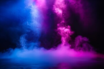 Dark empty scene with neon light and smoke, spotlight on the floor. Background for product presentation in dark room. Dark background.