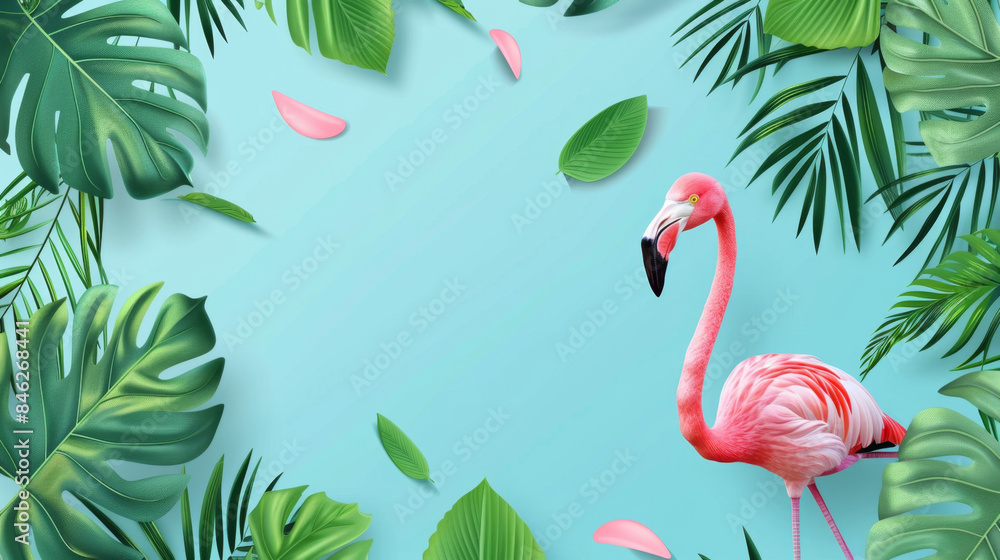 Wall mural a vibrant pink flamingo stands gracefully among lush green tropical leaves on a light blue backgroun - Wall murals