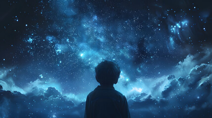 Obraz premium Illustration of a boy looking at night starry sky with glitter glow galaxy flicker above, idea for prayer of hope
