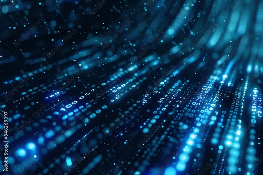 Aufkleber Digital data stream of blue numbers and code flowing in the dark space, abstract background for technology or digital information concept with binary number on black screen