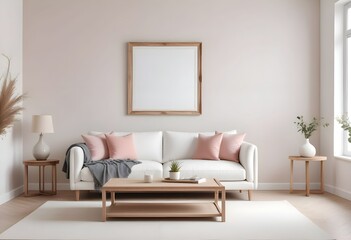 Interior living room with sofa and photo frame. 3D rendering