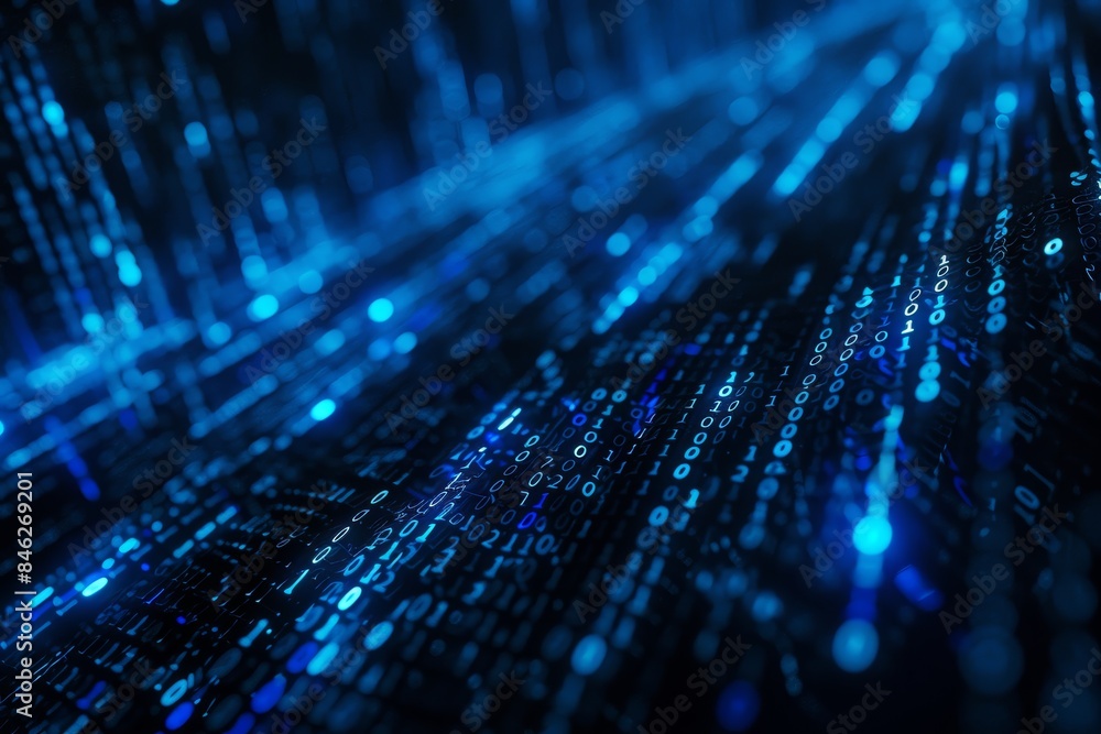 Poster Digital data stream of blue numbers and code flowing in the dark space, abstract background for technology or digital information concept with binary number on black screen