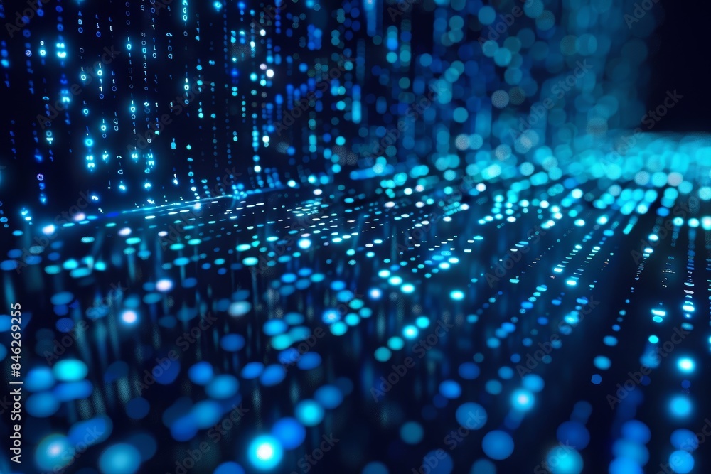 Poster Digital data stream of blue numbers and code flowing in the dark space, abstract background for technology or digital information concept with binary number on black screen