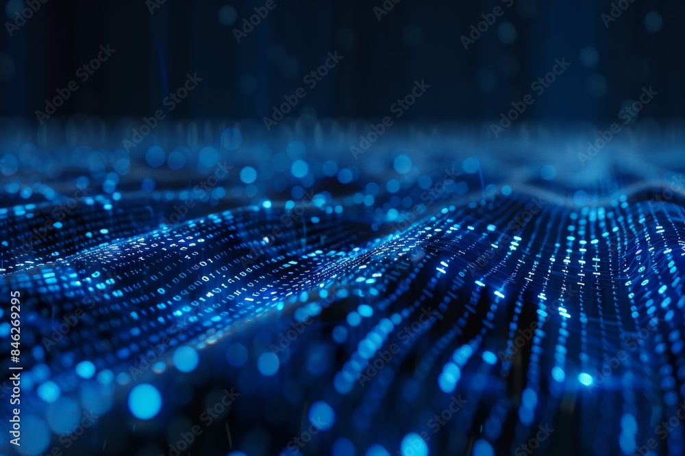 Poster Digital data stream of blue numbers and code flowing in the dark space, abstract background for technology or digital information concept with binary number on black screen