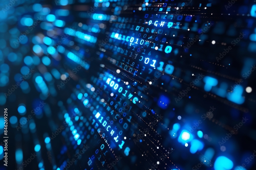 Aufkleber Digital data stream of blue numbers and code flowing in the dark space, abstract background for technology or digital information concept with binary number on black screen