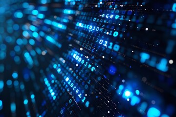 Digital data stream of blue numbers and code flowing in the dark space, abstract background for technology or digital information concept with binary number on black screen