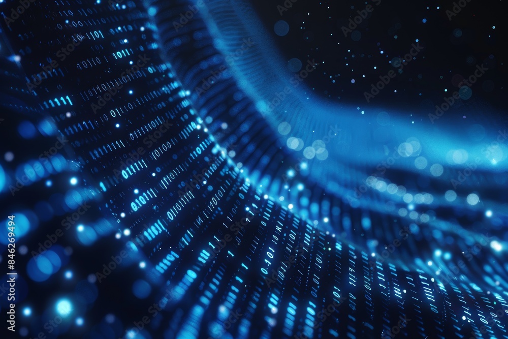 Poster Digital data stream of blue numbers and code flowing in the dark space, abstract background for technology or digital information concept with binary number on black screen