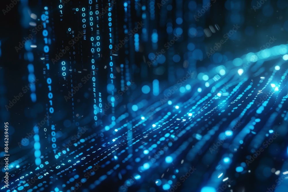 Aufkleber Digital data stream of blue numbers and code flowing in the dark space, abstract background for technology or digital information concept with binary number on black screen