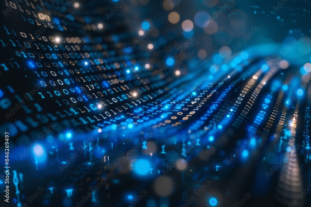Poster Digital data stream of blue numbers and code flowing in the dark space, abstract background for technology or digital information concept with binary number on black screen