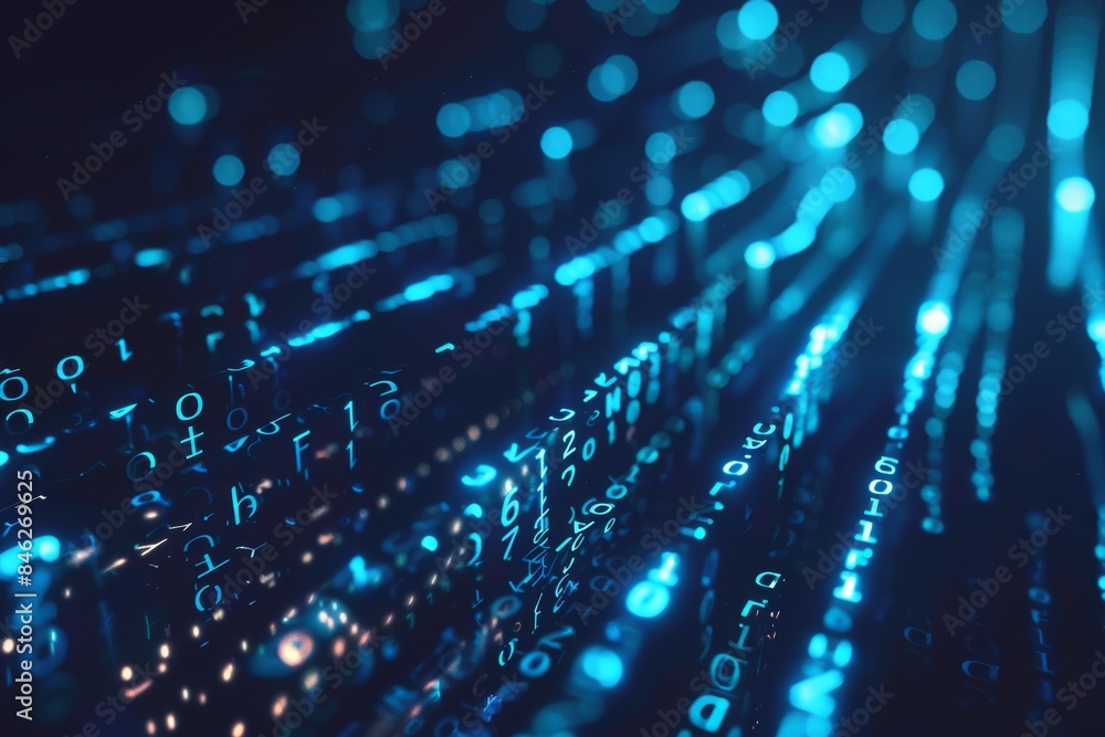Poster Digital data stream of blue numbers and code flowing in the dark space, abstract background for technology or digital information concept with binary number on black screen