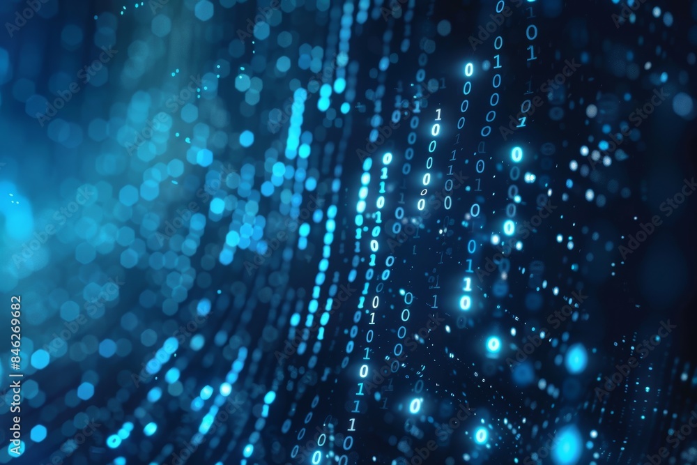 Poster Digital data stream of blue numbers and code flowing in the dark space, abstract background for technology or digital information concept with binary number on black screen