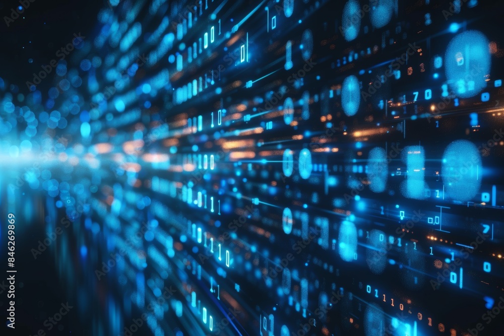 Aufkleber Digital data stream of blue numbers and code flowing in the dark space, abstract background for technology or digital information concept with binary number on black screen