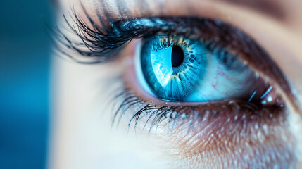 Fototapeta premium Close-up of a vibrant blue eye with detailed iris, eyelashes, and reflections, capturing the beauty and intricacy of human vision
