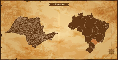 São Paulo state map, Brazil map with federal states in A vintage map based background, Political Brazil Map
