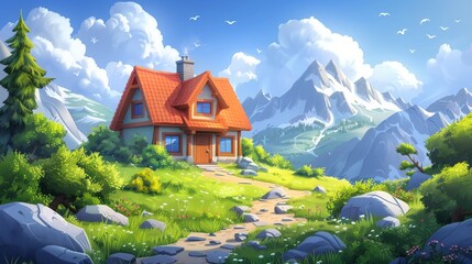 A cozy mountain cabin, colorful cartoon style illustrations. 