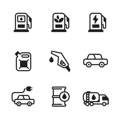 Set of gasoline and gas station icons with black color design on a white background