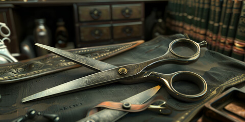 Fototapeta premium A pair of scissors is placed on top of a wooden table creating a simple,A Collection of Fishing Equipment Including a Net Fishing Pole