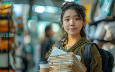 Workaholic, Female worker carrying a large stack of documents and holding a coffee cup while using a mobile phone in the office.