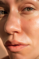 Fototapeta premium Detailed Close-Up of a Young Woman in Her 30s with Glowing, Healthy Skin, Without Makeup