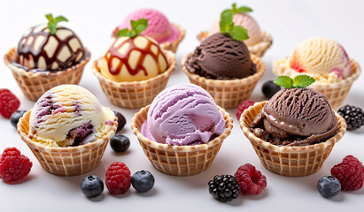 A variety of colorful and flavorful ice cream scoops in waffle cups on a white background, perfect for a refreshing summer treat.