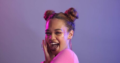 Portrait, woman and beauty with makeup, excited and confident model on studio background. Face, person or girl with cosmetics, smile or fashion with creativity, reaction or artistic with mockup space