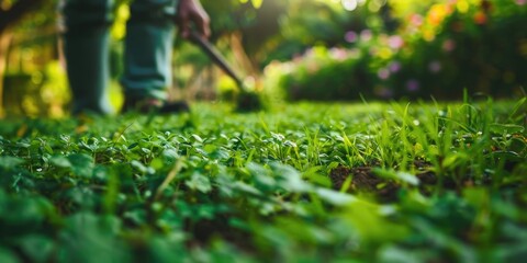 A person is using a lawn mower to cut the grass in a yard