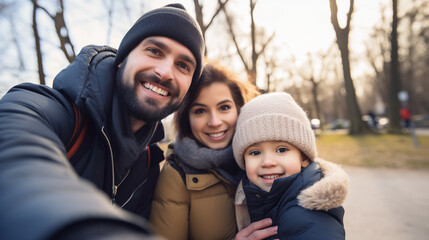 Smiling family taking a selfie outdoors in winter attire, capturing a joyful moment together in a park with bare trees in the background